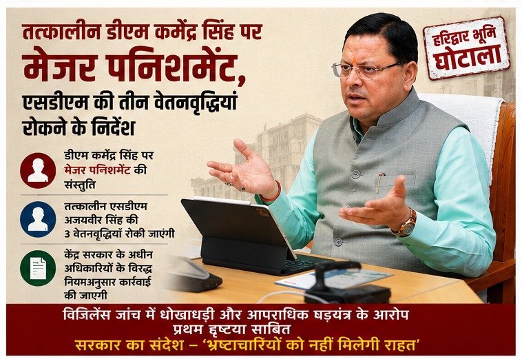धामी सरकार का भ्रष्टाचार पर सर्जिकल स्ट्राइक, हरिद्वार भूमि घोटाले में बड़ा प्रहार, 10 पर मुकदमा, पूर्व नगर आयुक्त की बर्खास्तगी की संस्तुति